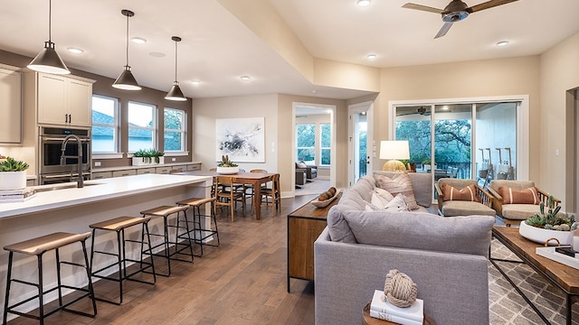 living room featuring ceiling fan and dark hardwood / wood-style flooring