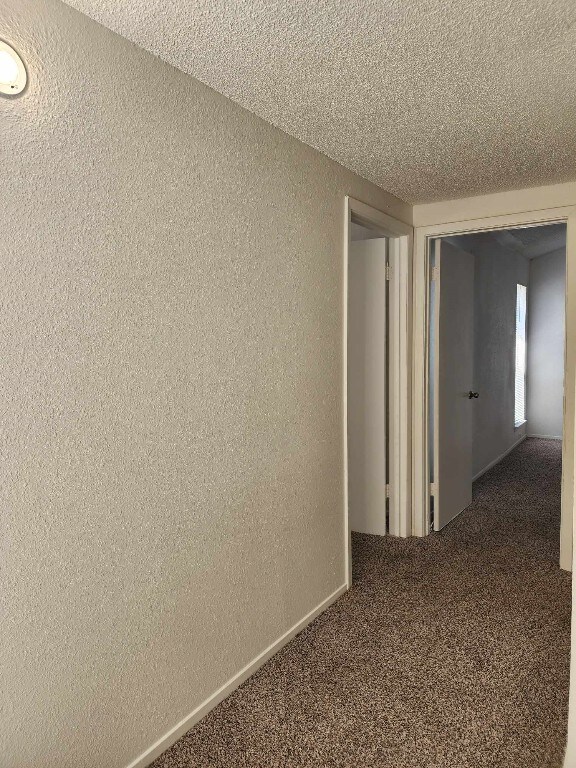 hall with a textured ceiling and carpet flooring