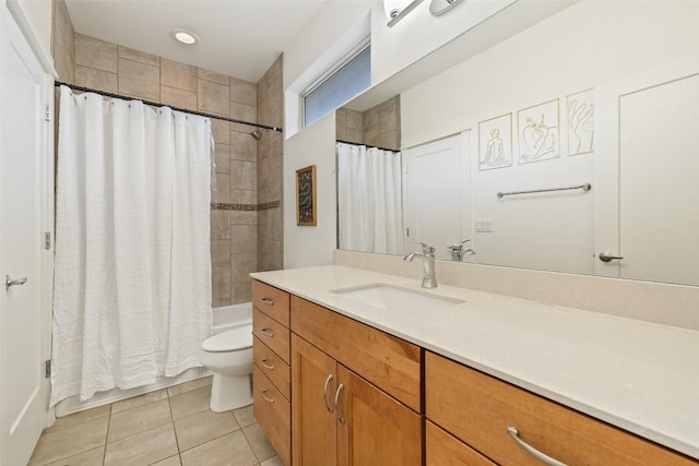 4408 Banister Ln Unit B, Austin, TX 78745 - bathroom featuring shower / bath combination with curtain, vanity, tile patterned flooring, and toilet