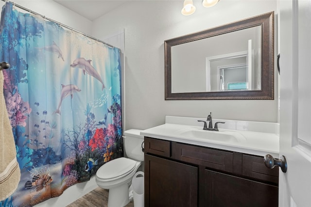 bathroom featuring vanity, curtained shower, wood-type flooring, and toilet