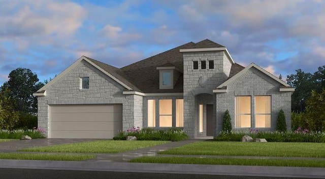 view of front of property with a lawn, a garage, aphalt driveway, and stone siding