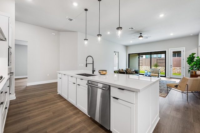 9213 Flatbush Dr, Austin, TX 78744 - kitchen featuring a sink, dishwasher, open floor plan, ceiling fan, and dark wood-type flooring