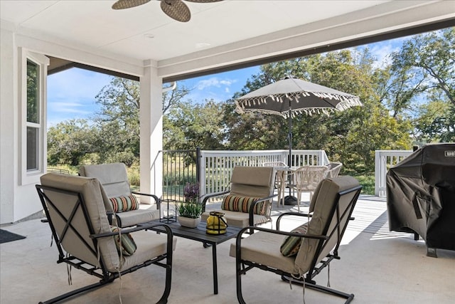 view of patio / terrace featuring ceiling fan, outdoor lounge area, and grilling area