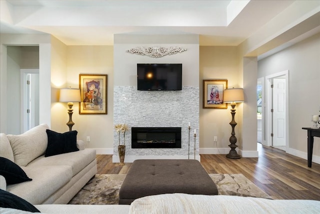 living room with a stone fireplace and hardwood / wood-style flooring