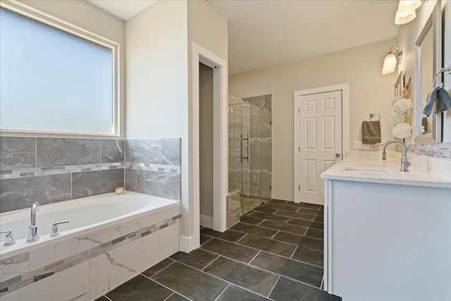 bathroom with vanity, separate shower and tub, and tile patterned flooring