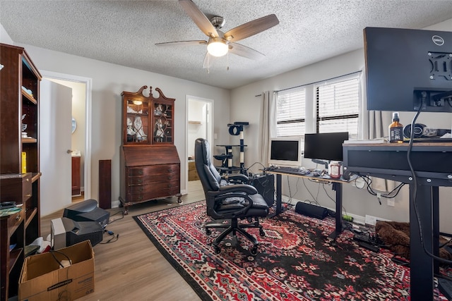 office featuring light hardwood / wood-style floors, a textured ceiling, and ceiling fan