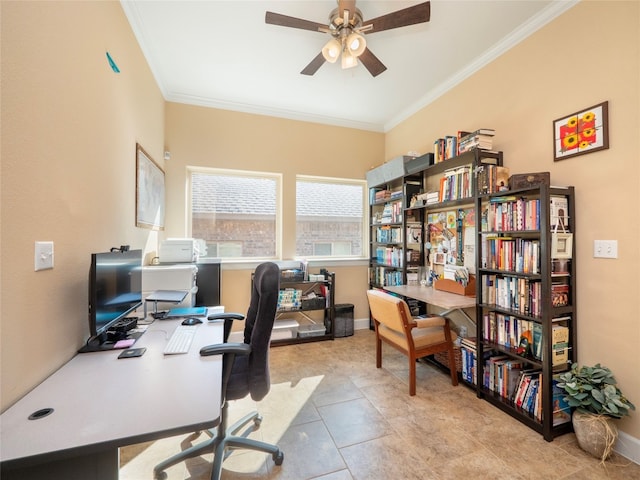 office featuring crown molding and ceiling fan