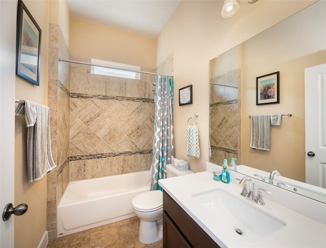 full bathroom with vanity, shower / bath combo with shower curtain, toilet, and tile patterned floors