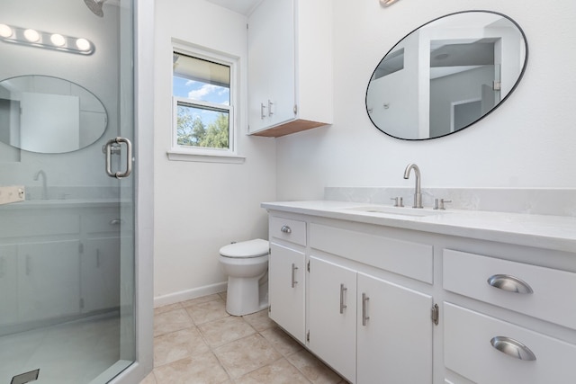 bathroom with vanity, tile patterned flooring, toilet, and walk in shower