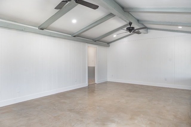 unfurnished room with ceiling fan, lofted ceiling with beams, and wood walls