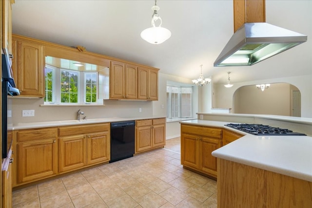 kitchen with extractor fan, stainless steel gas cooktop, pendant lighting, an inviting chandelier, and black dishwasher