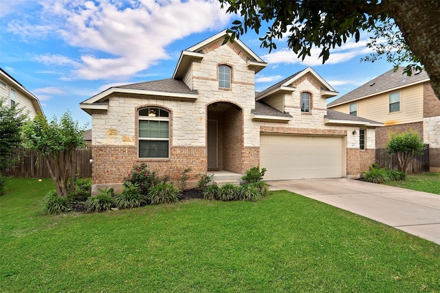 view of front of house featuring a front lawn and a garage