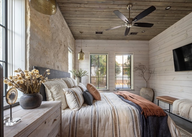 bedroom featuring ceiling fan, wooden ceiling, and wood walls