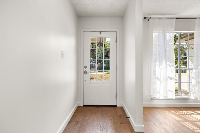 entryway featuring wood-type flooring and a textured ceiling