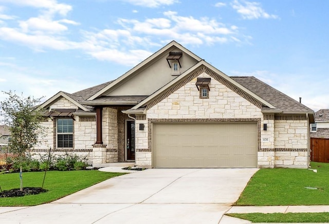 craftsman inspired home featuring a front lawn and a garage