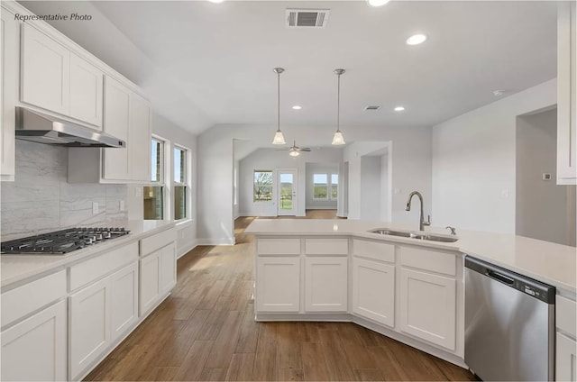 kitchen featuring extractor fan, sink, white cabinets, appliances with stainless steel finishes, and dark hardwood / wood-style flooring