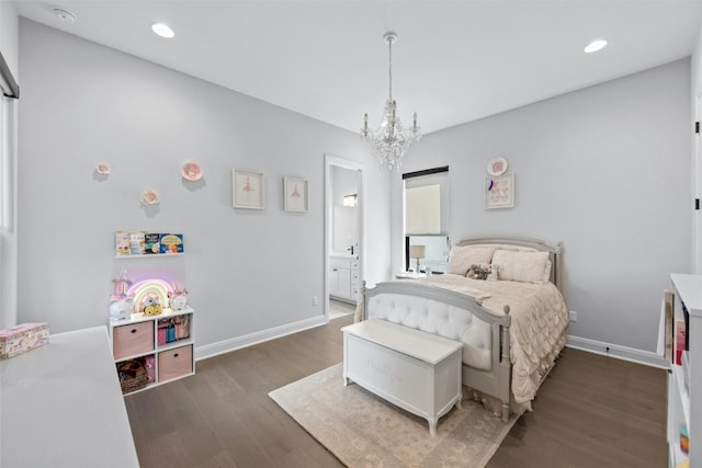 bedroom featuring a notable chandelier and dark hardwood / wood-style flooring