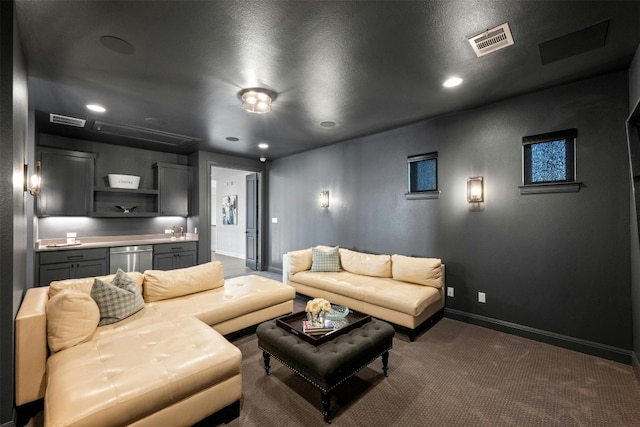 home theater room featuring dark carpet and sink