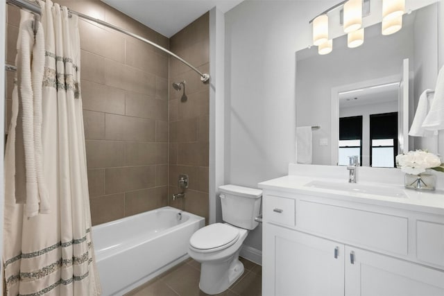 full bathroom with toilet, shower / bath combination with curtain, vanity, and tile patterned floors