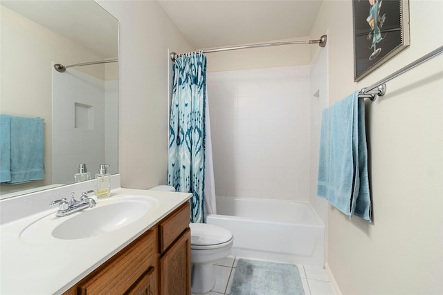 full bathroom with toilet, tile patterned flooring, vanity, and shower / bath combo with shower curtain