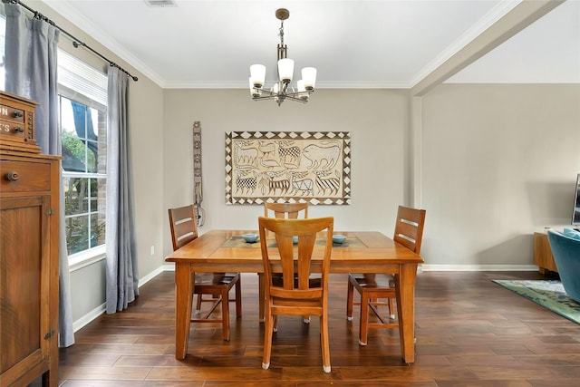 dining area with dark hardwood / wood-style floors, plenty of natural light, crown molding, and a chandelier