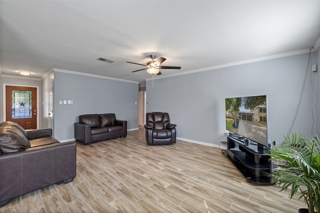 living room featuring light hardwood / wood-style floors, crown molding, and ceiling fan