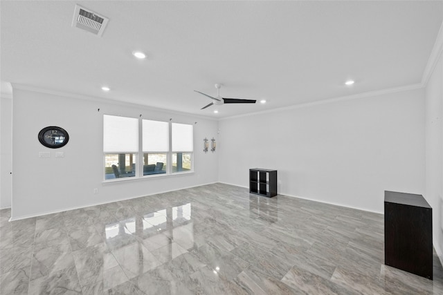 unfurnished living room with crown molding and ceiling fan