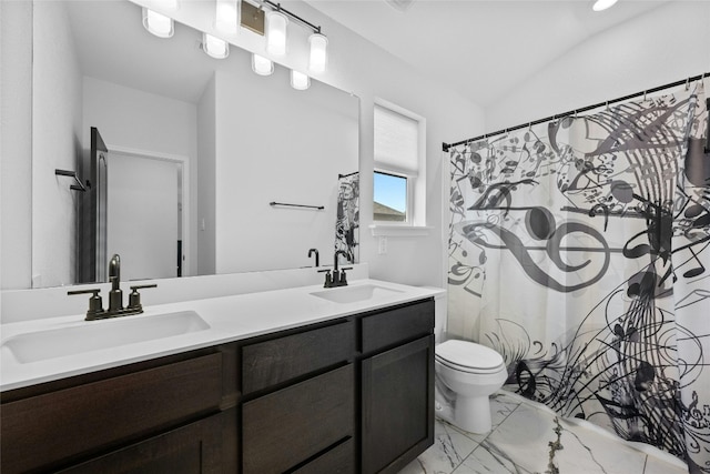 bathroom with toilet, walk in shower, vanity, and vaulted ceiling