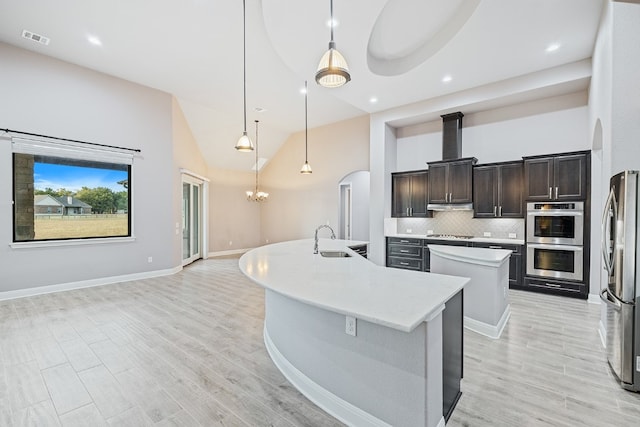 kitchen featuring appliances with stainless steel finishes, backsplash, sink, a center island with sink, and hanging light fixtures