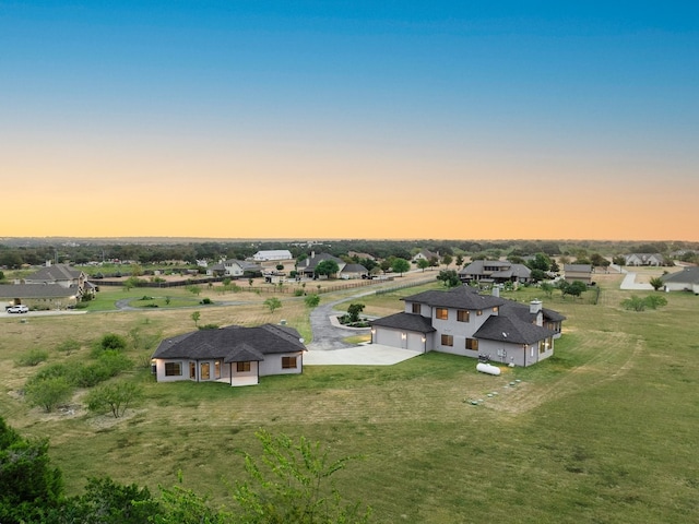 view of aerial view at dusk