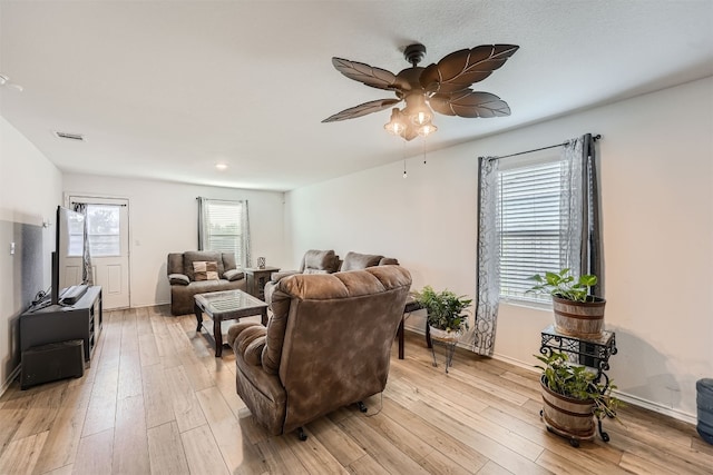 living room featuring ceiling fan and light hardwood / wood-style floors