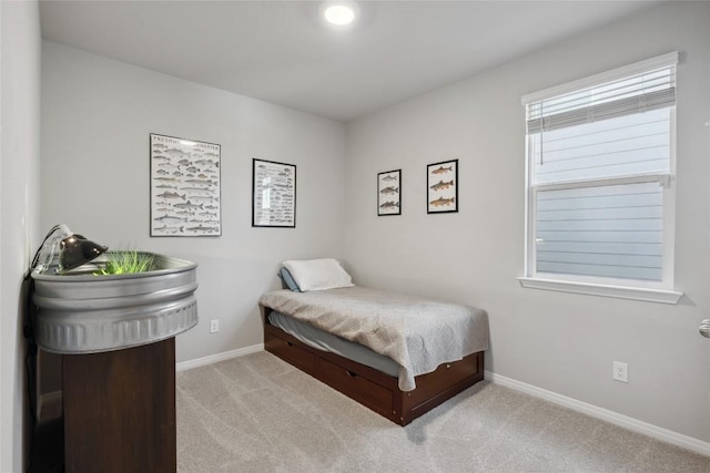 bedroom with light carpet