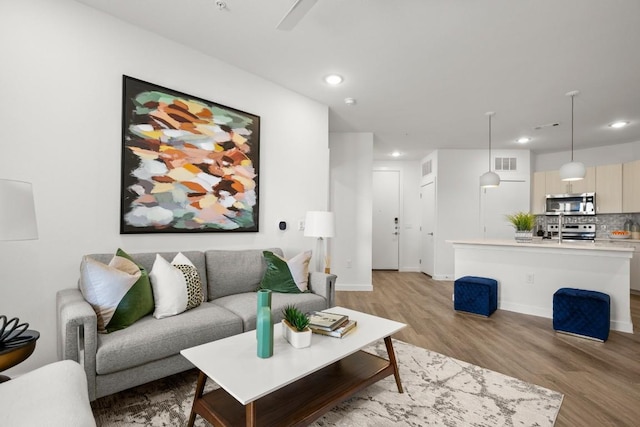 living room with light hardwood / wood-style flooring