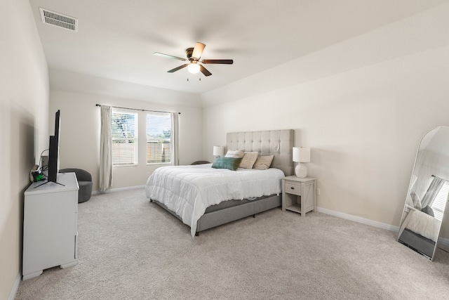 bedroom featuring ceiling fan and light colored carpet