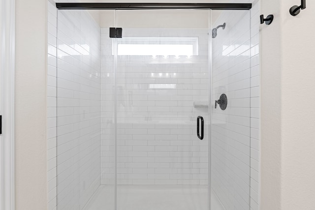 bathroom featuring a shower with shower door