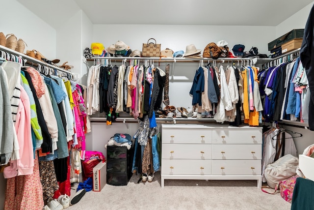 walk in closet with light colored carpet