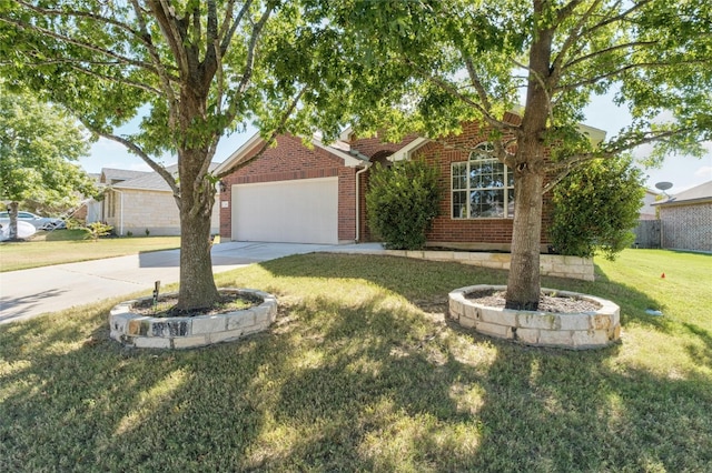 single story home featuring a garage and a front lawn