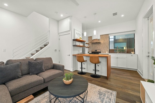 living room featuring sink and dark wood-type flooring