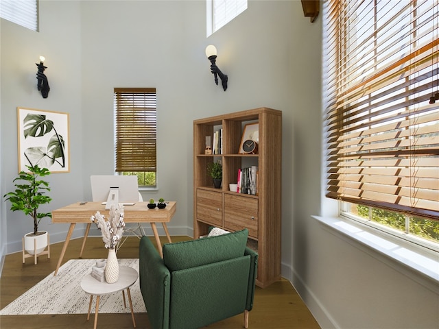 office space featuring dark wood-type flooring and a high ceiling