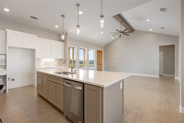 kitchen with sink, an island with sink, lofted ceiling with beams, stainless steel dishwasher, and decorative backsplash