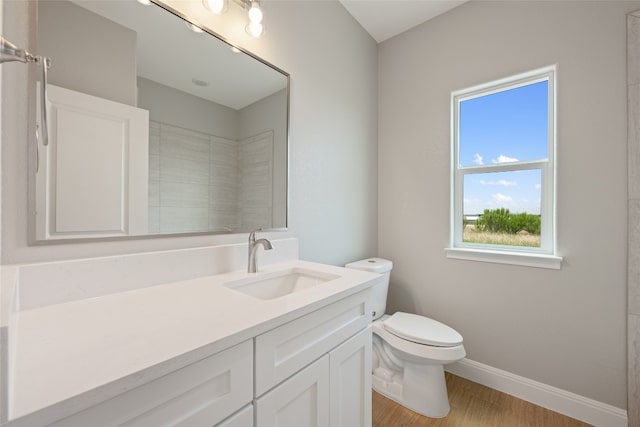 bathroom with toilet, vanity, and wood-type flooring