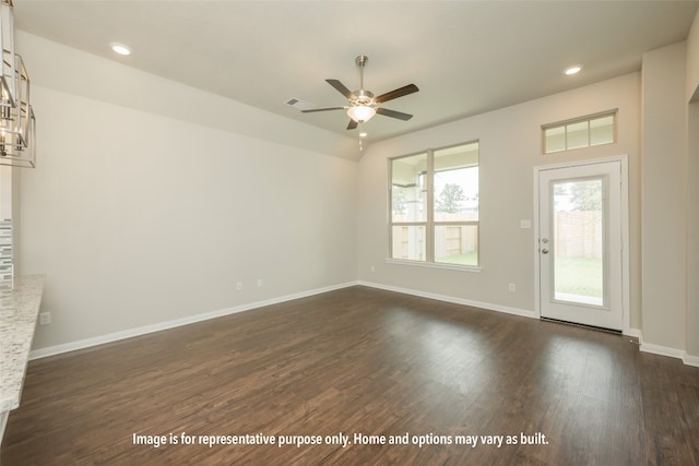 interior space featuring dark hardwood / wood-style floors and ceiling fan