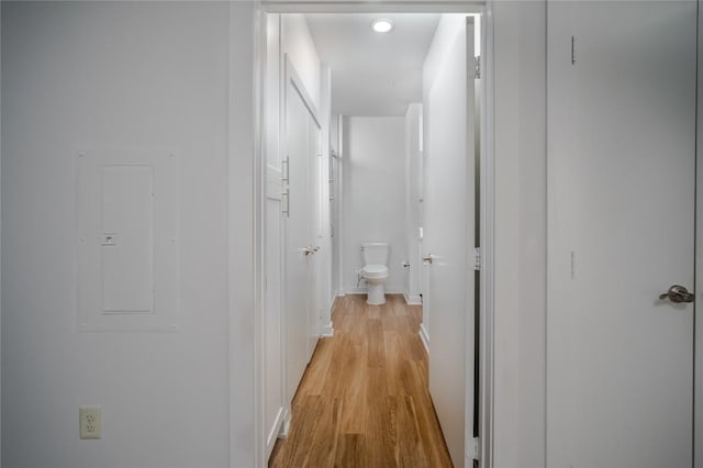corridor with baseboards, electric panel, and light wood-type flooring