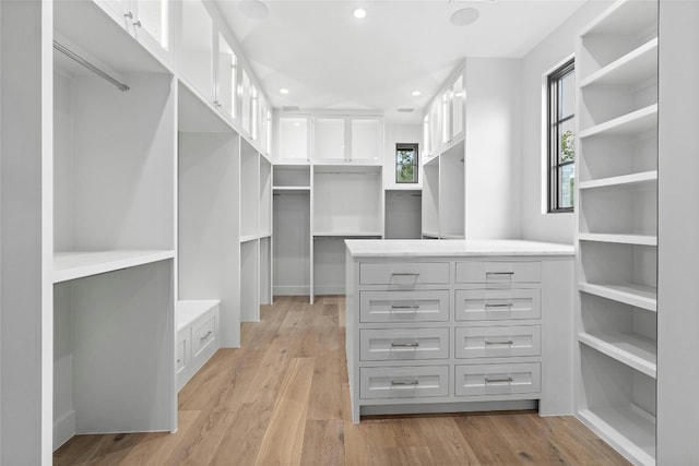 spacious closet featuring light hardwood / wood-style floors