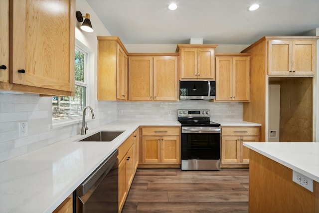 kitchen featuring tasteful backsplash, light brown cabinetry, dark hardwood / wood-style floors, sink, and stainless steel appliances