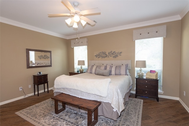 bedroom featuring multiple windows, dark wood-type flooring, and ceiling fan