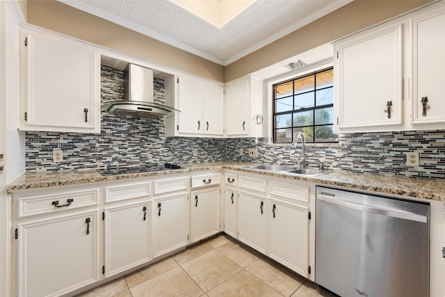 kitchen featuring wall chimney range hood, sink, dishwasher, a textured ceiling, and white cabinets