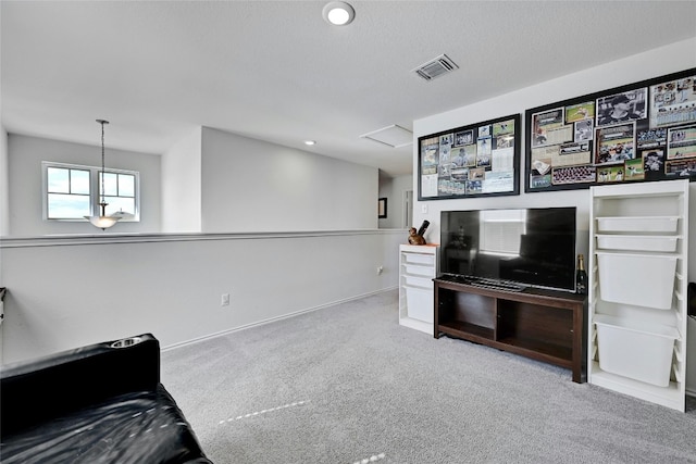 living room featuring light carpet