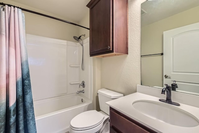 full bathroom with shower / bath combo, toilet, and vanity