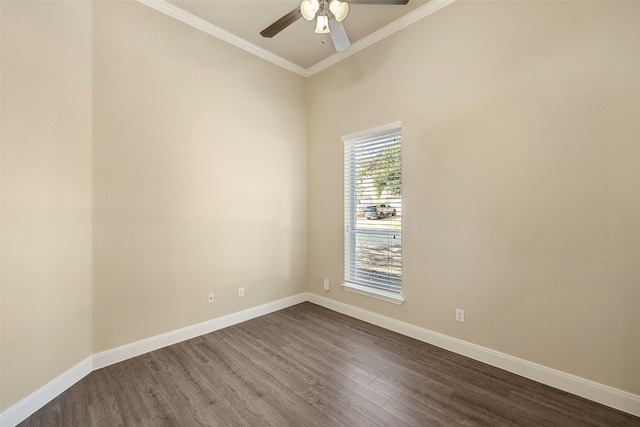 spare room with ornamental molding, hardwood / wood-style flooring, and ceiling fan